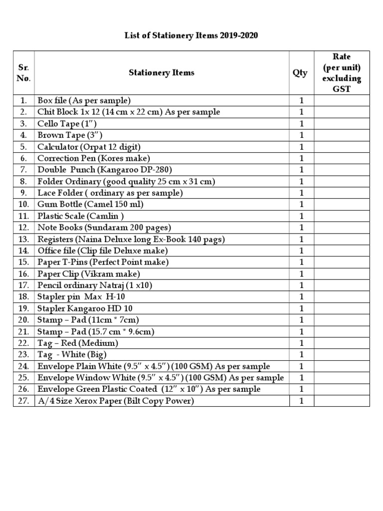List Of School Stationery Items Pdf
