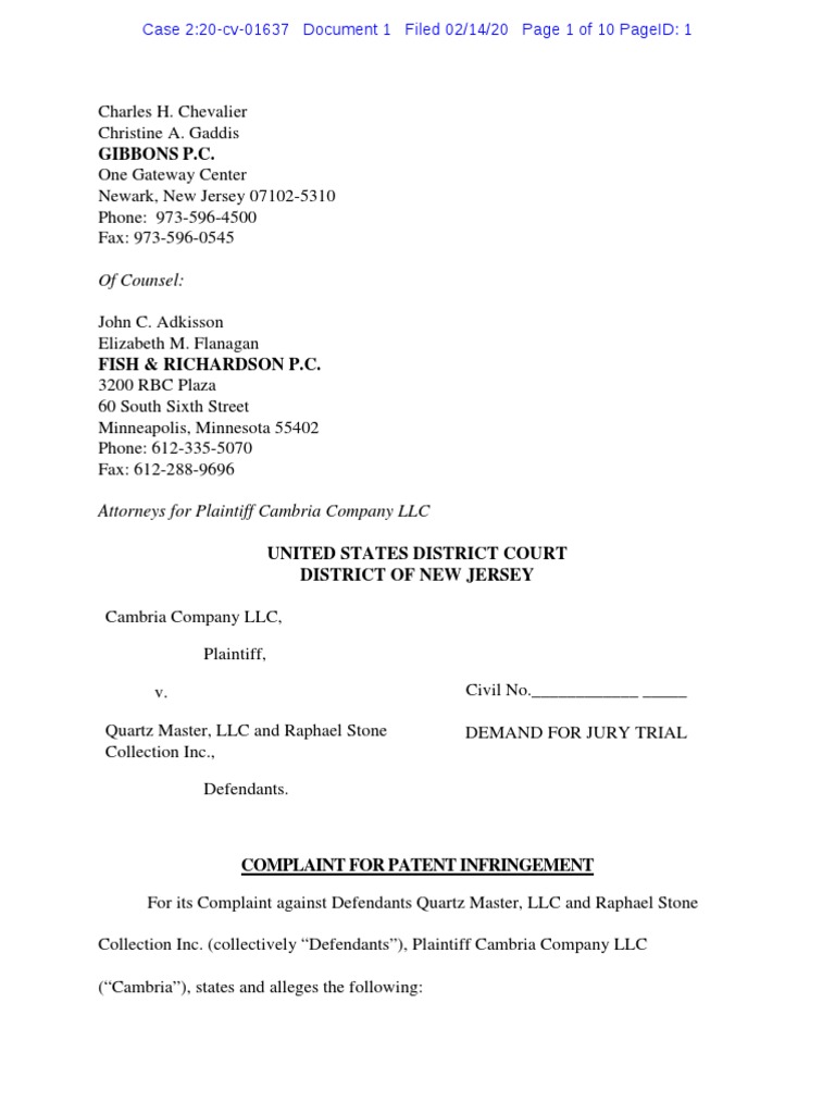 Cambria v. Quartz Master - Complaint | PDF | Diversity Jurisdiction ...