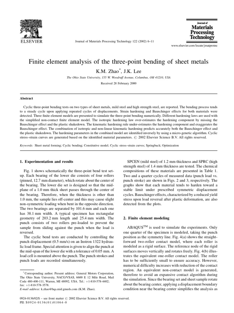 Zhao Finile Element Analysis of ThreePoint Bending of Sheet Metals