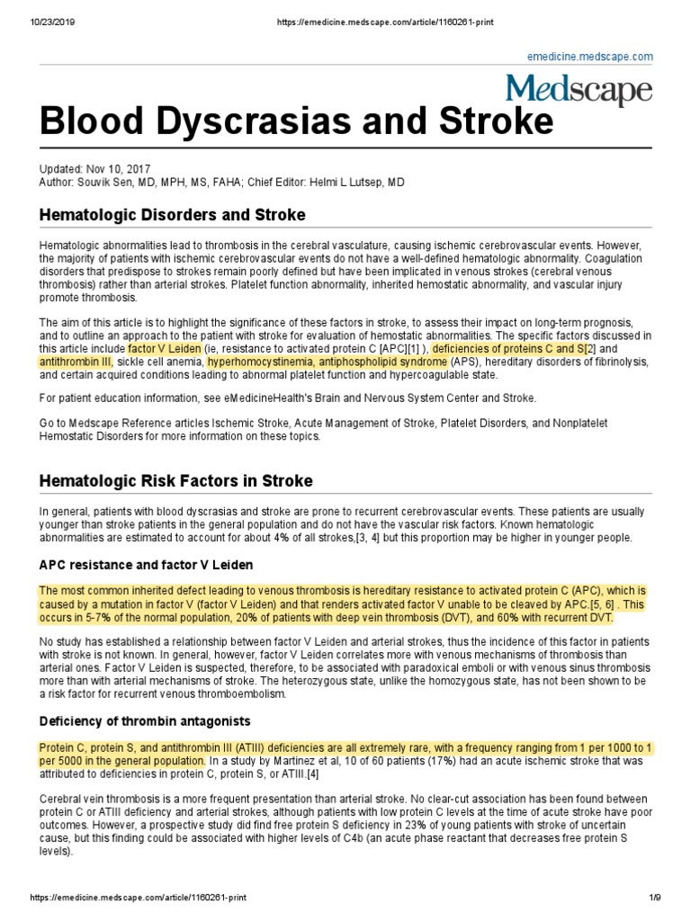 Blood Dyscrasias and Stroke PDF Thrombosis Stroke