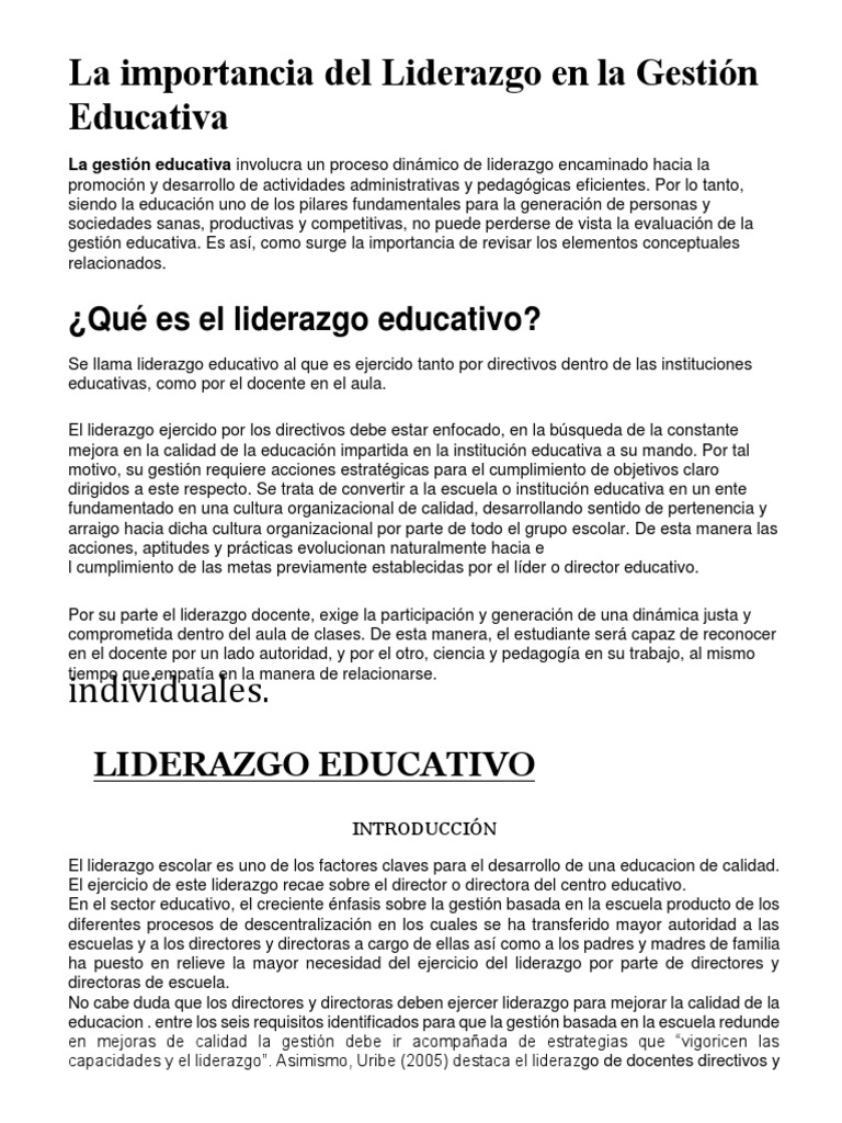 Liderazgo en la Gestión Educativa | PDF | Liderazgo | Maestros