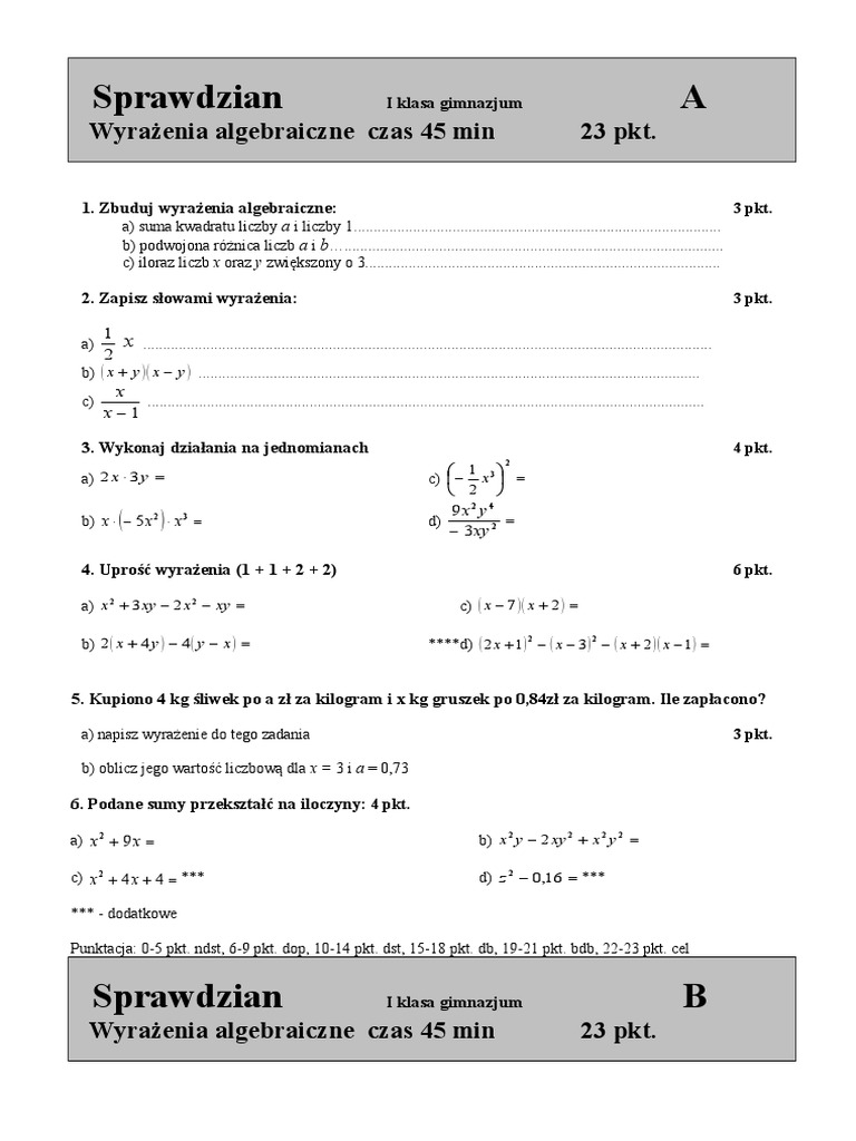 Ułamki Algebraiczne Równania Wymierne Praca Klasowa Nr 1