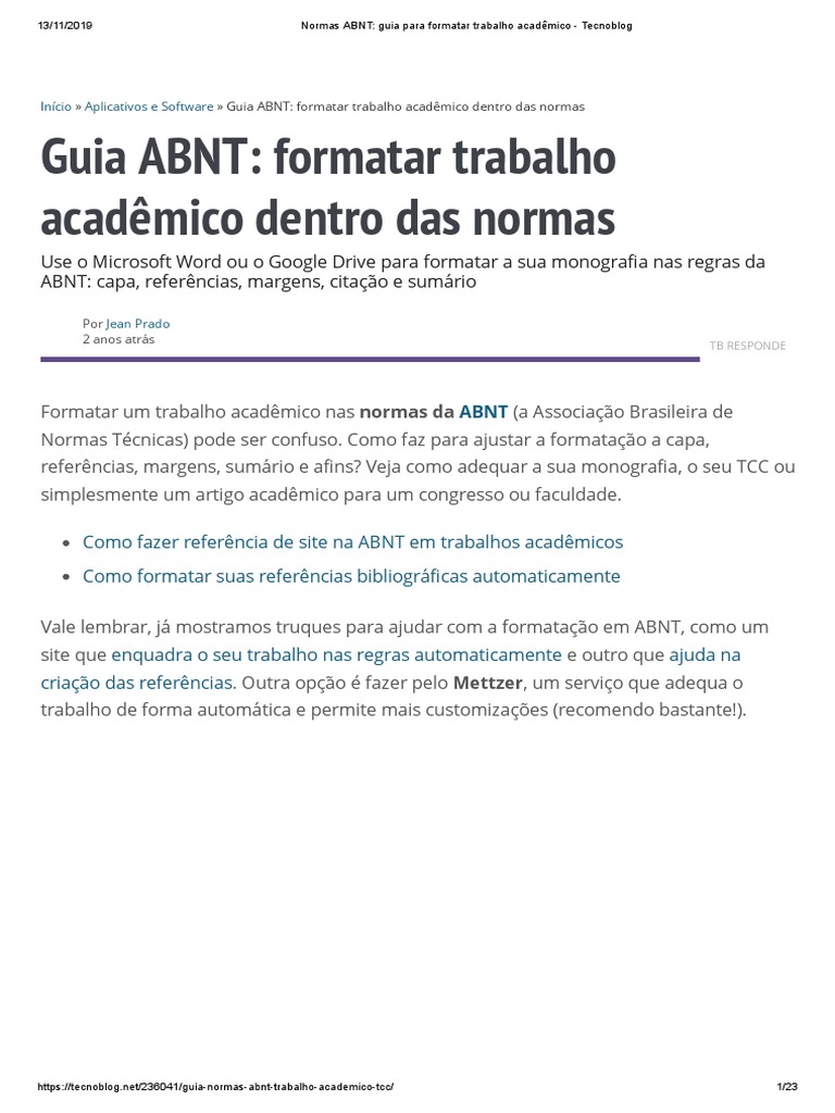 Normas ABNT - Guia para Formatar Trabalho Acadêmico - Tecnoblog | PDF ...