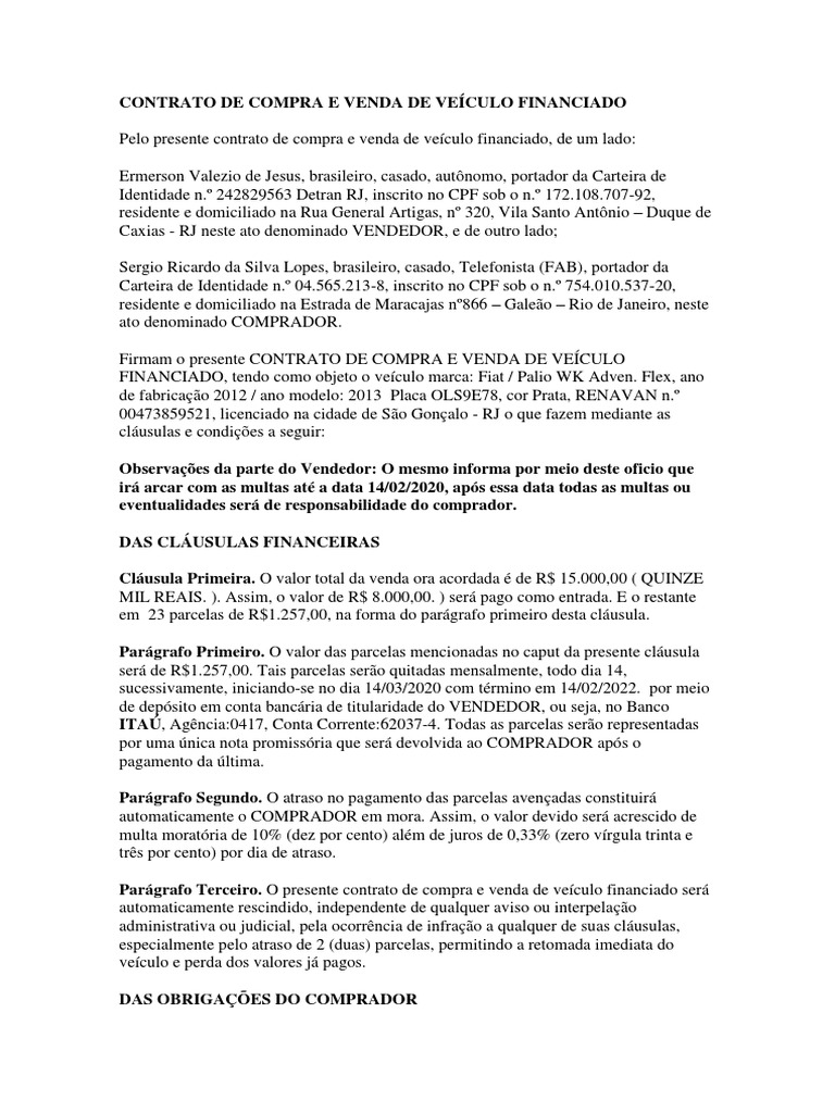 CONTRATO DE COMPRA E VENDA DE VEÍCULO FINANCIADO | Conta de Transação ...