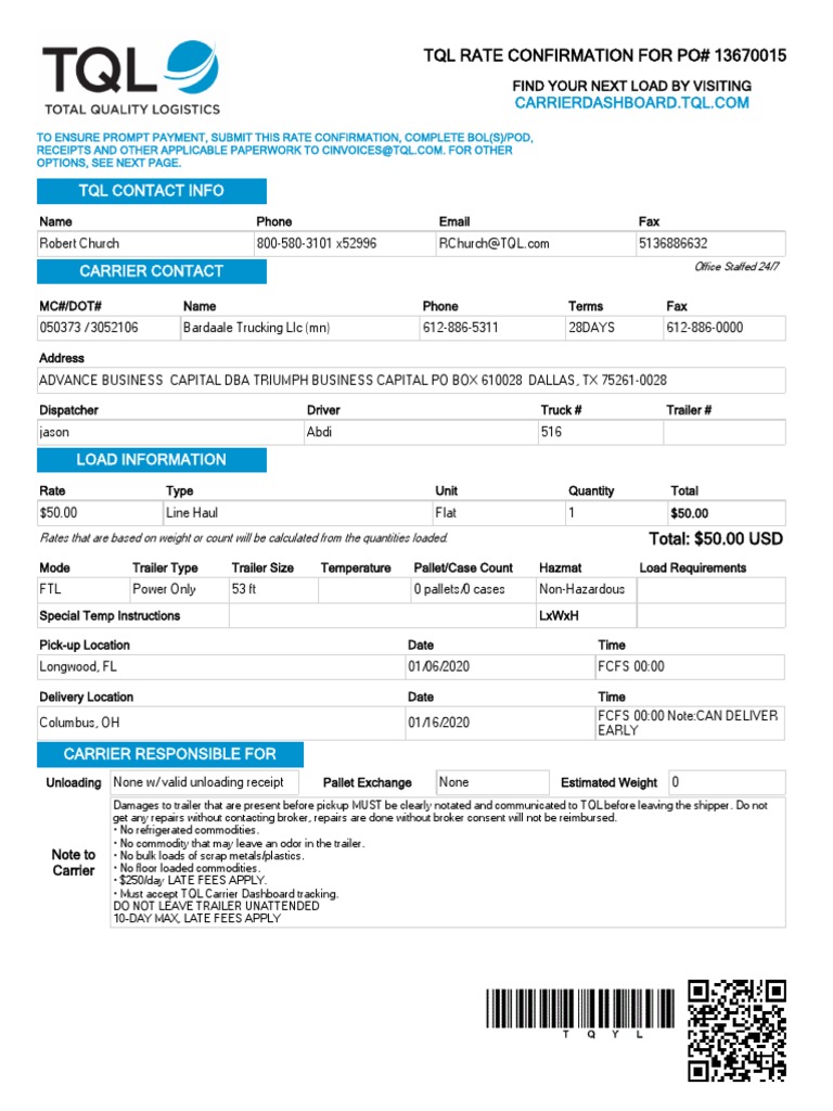 Carrier Rate Confirmation PDF United States Labor Law Employment