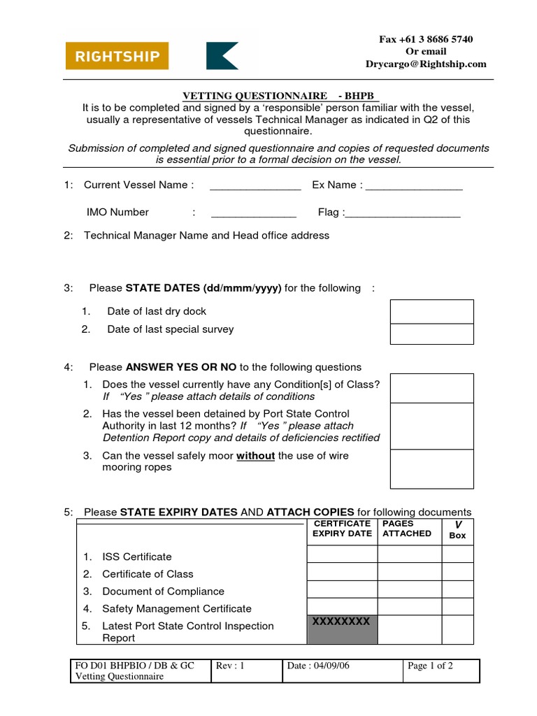 Rightship Vetting Questionnaire Guide | PDF | Water Transport | Shipping