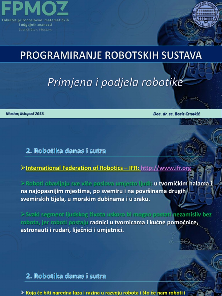 Programiranje Robotskih Sustava-Primjena I Podjela Robotike PDF | PDF