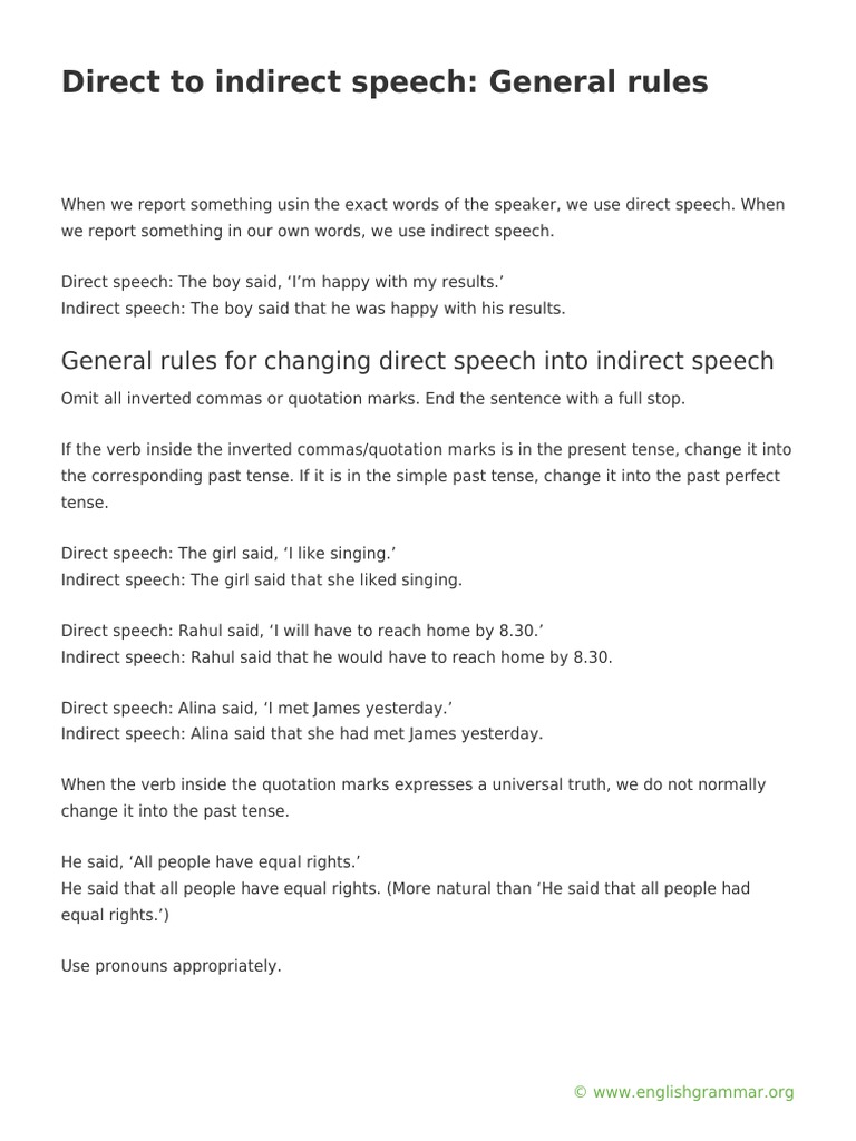 Direct To Indirect Speech - General Rules | PDF