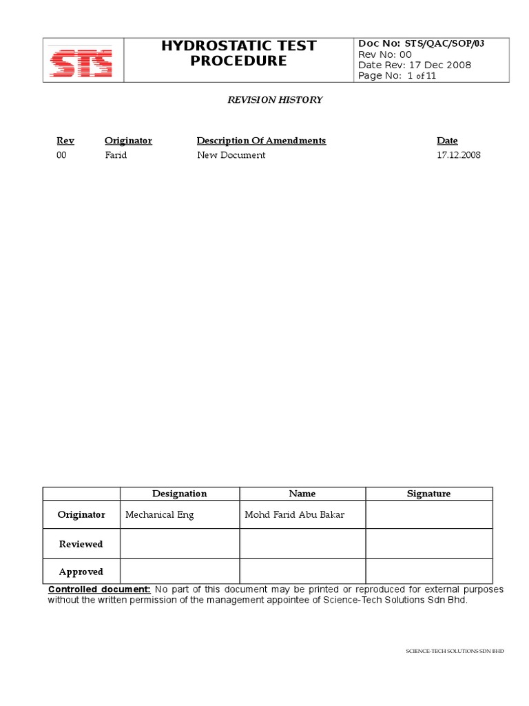 Hydrostatic Testing Procedure Guide | PDF | Leak | Pressure