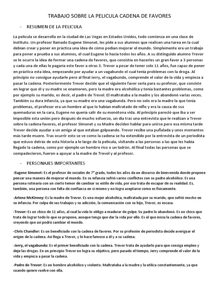 Trabajo Sobre La Pelicula Cadena de Favores | PDF