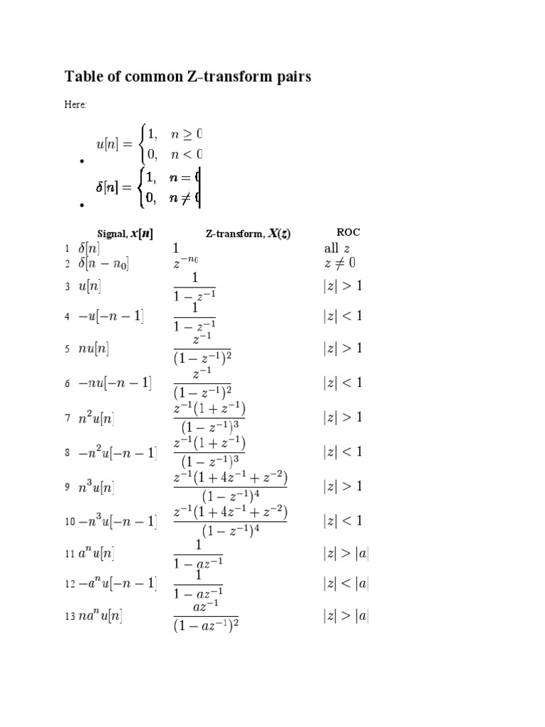 Common Z-Transform Pairs Table | PDF | Teaching Methods & Materials