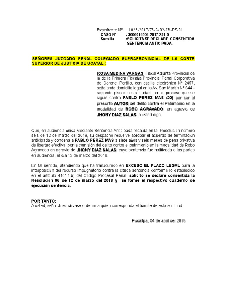 Modelo de Escrito para Solicitar DECLARAR CONSENTIDA SENTENCIA