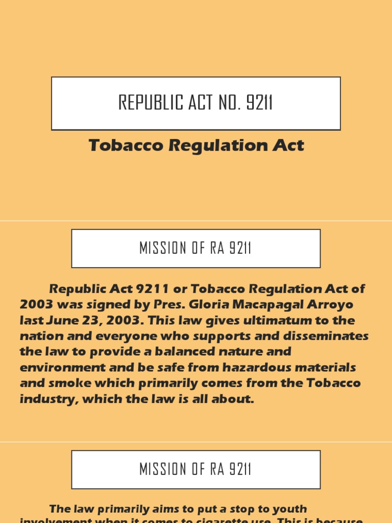 the tobacco regulation act of 2003 is also known as Overview of Republic Act No. 9211 | PDF | Electronic Cigarette