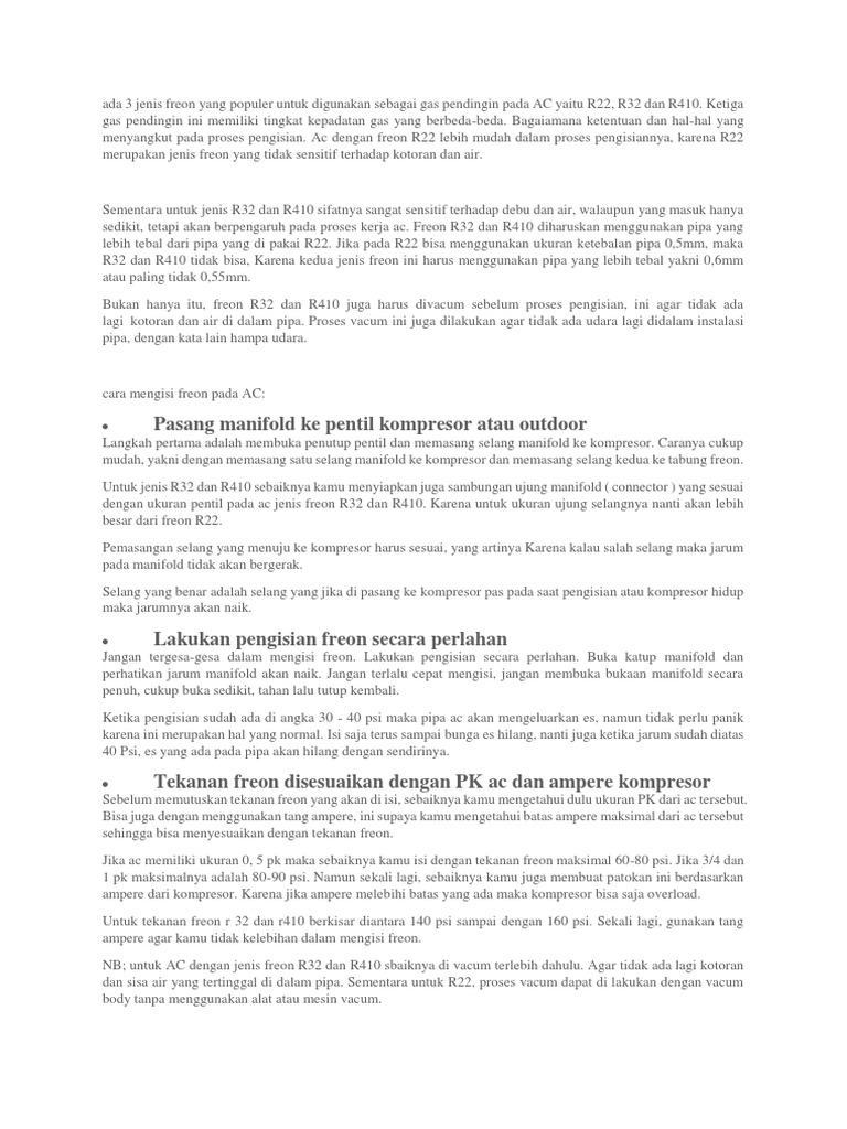 Proses Pengisian Freon AC R22, R32, R410 | PDF | Teknologi & Rekayasa