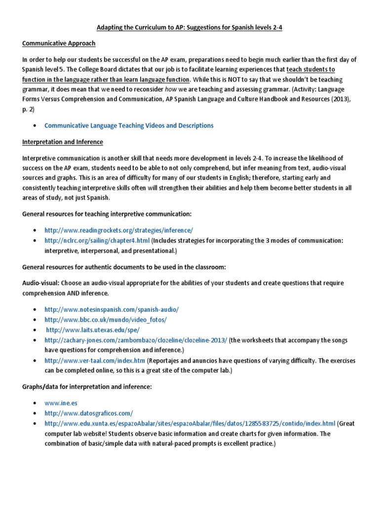 AP Spanish Curriculum Adaptation Tips | PDF | Reading Comprehension ...