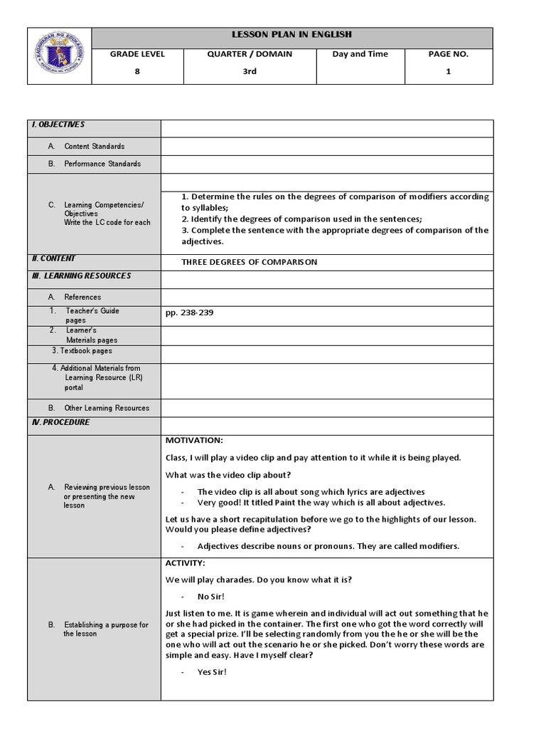 DEGREES OF COMPARISON LESSON PLAN PDF visual data 6