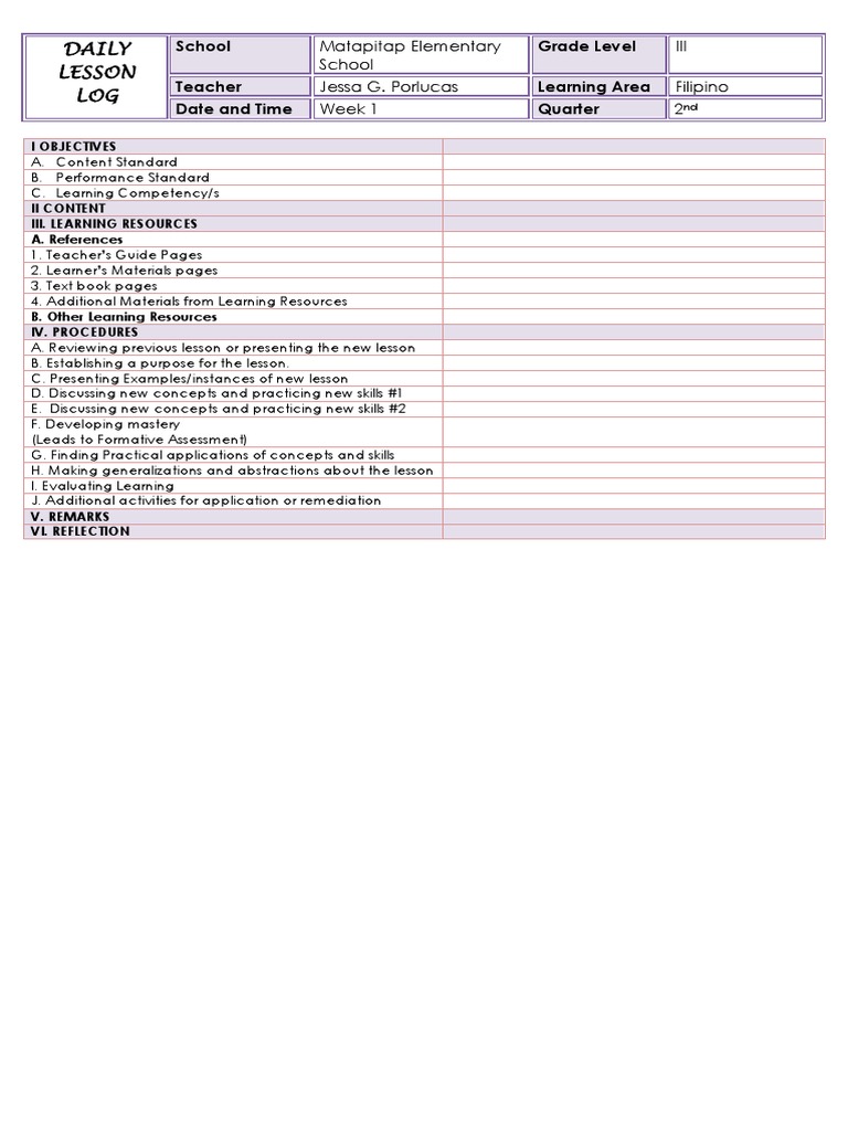 Daily Lesson Log Template for Filipino | PDF
