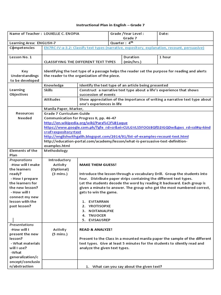 Grade 7 Text Types Instructional Plan | PDF | Narrative | Rain