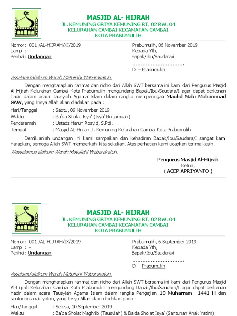 Surat Undangan Maulid (2019) - 1 Lembar 2 Undangan | PDF