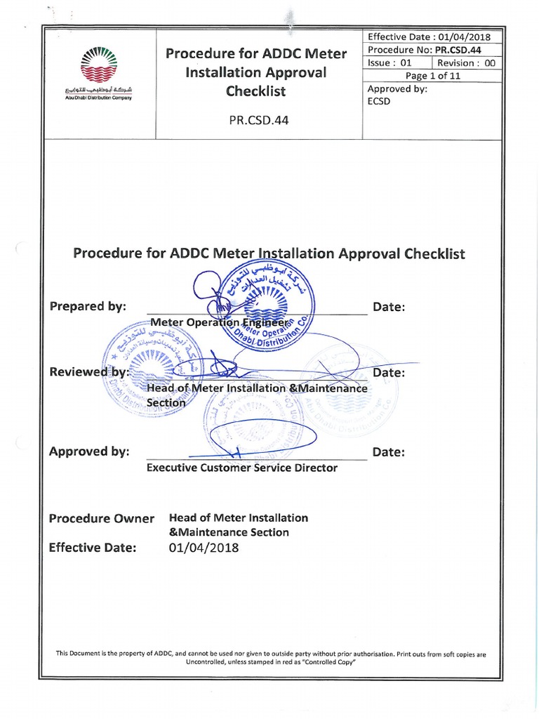 PR CSD.44 Procedure For ADDC Meter Installation Approval Checklist