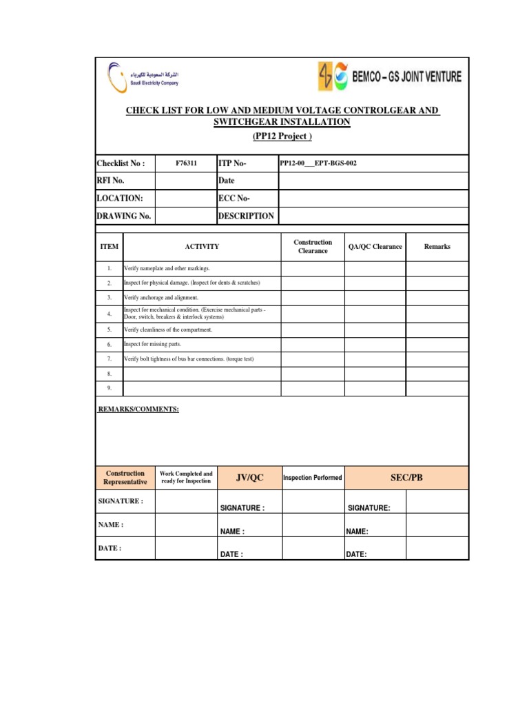 Switchgear Installation Inspection Checklist | PDF