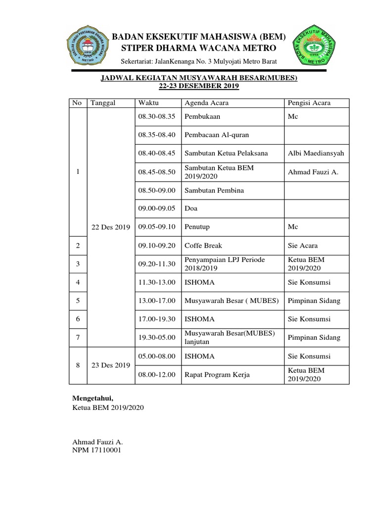 Jadwal MUBES BEM STIPER 2019 | PDF