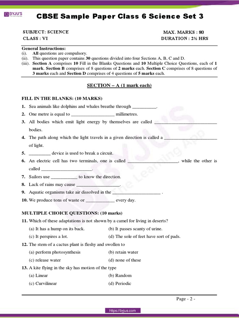 CBSE Sample Paper Class 6 Science Set 3 PDF | PDF | Carbon | Plants