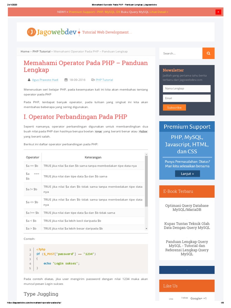 Memahami Operator Pada PHP - Panduan Lengkap - Jagowebdev | PDF | Komputer