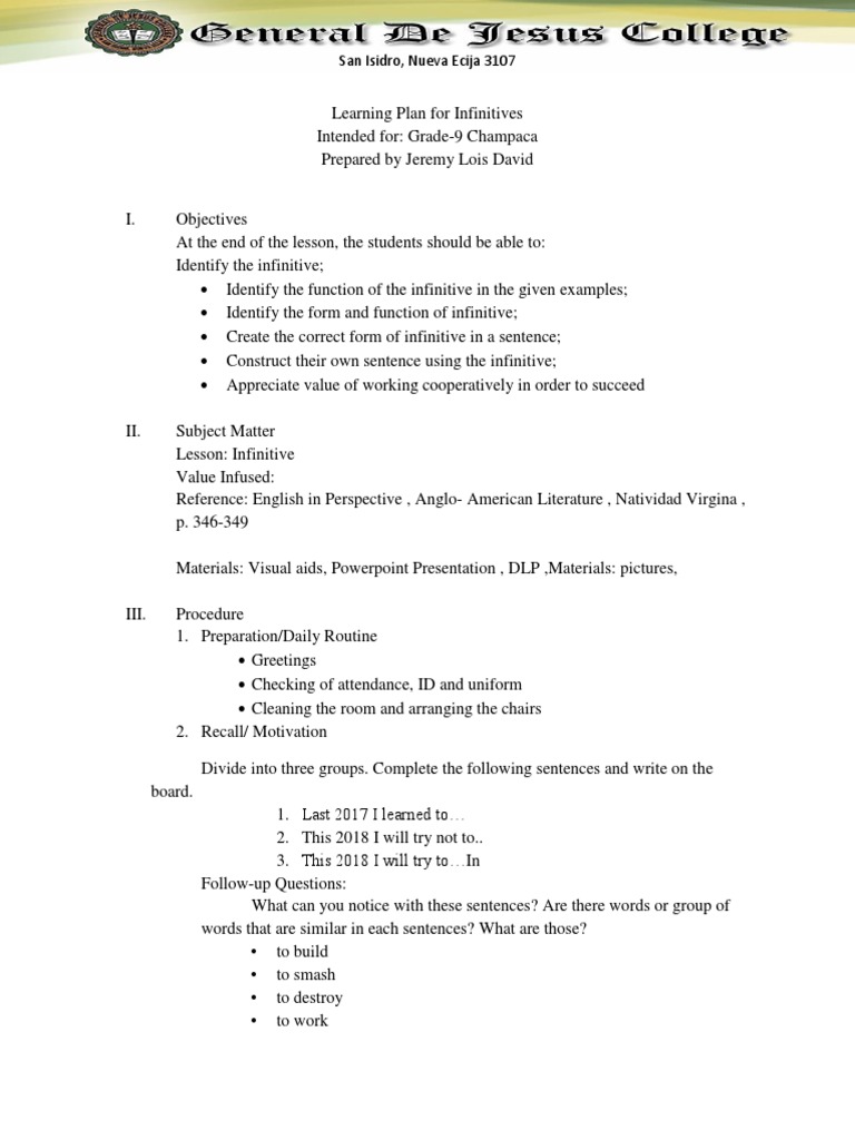 Grade 9 Infinitives Lesson Plan | PDF | Verb | Adjective