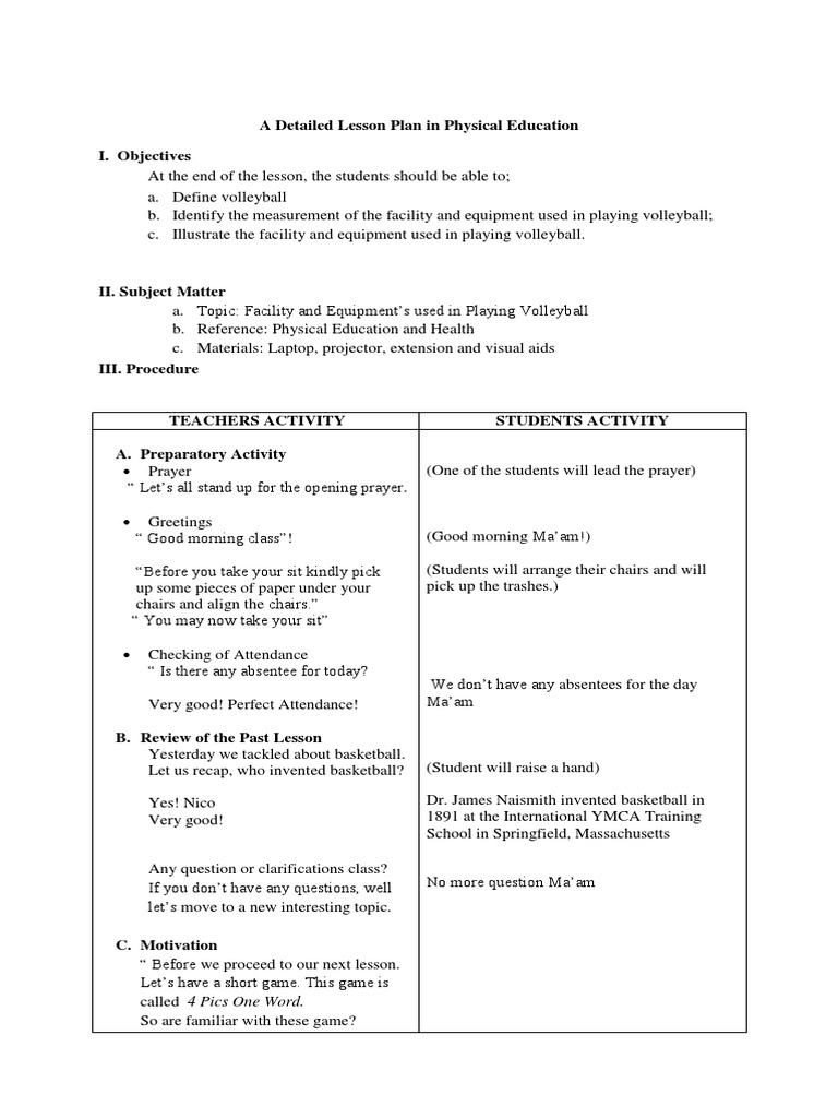 A Detailed Lesson Plan in P.E | PDF | Ymca | Volleyball