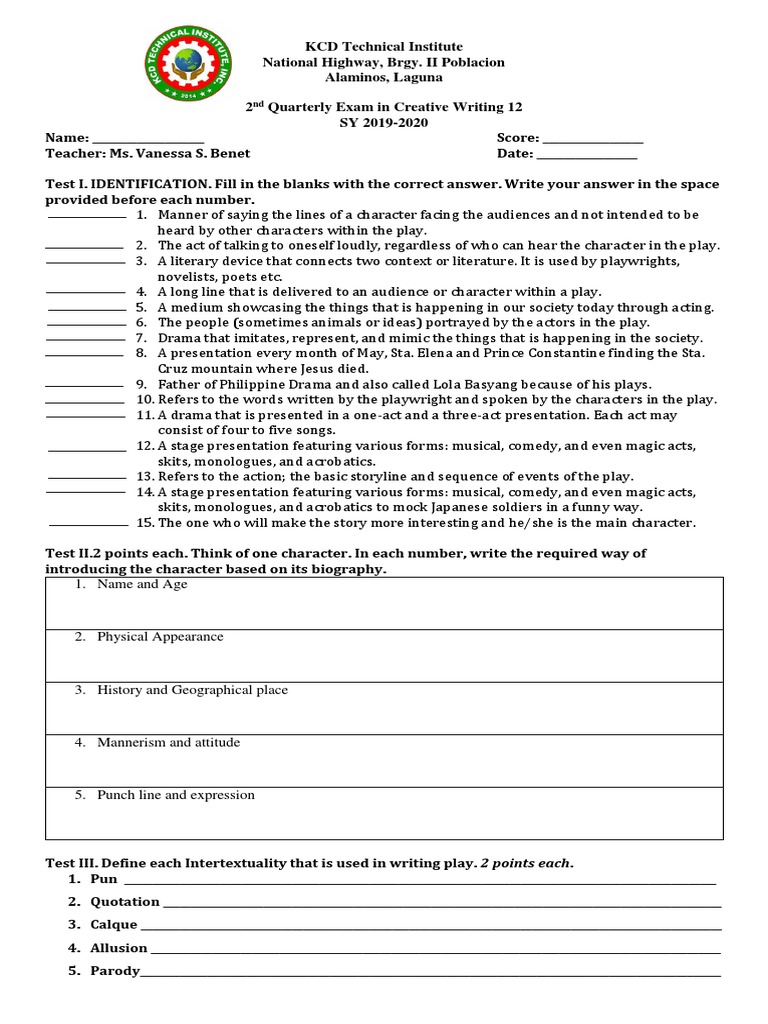 Grade 12 Creative Writing Exam 2nd Quarter | PDF | Play (Theatre) | Writing