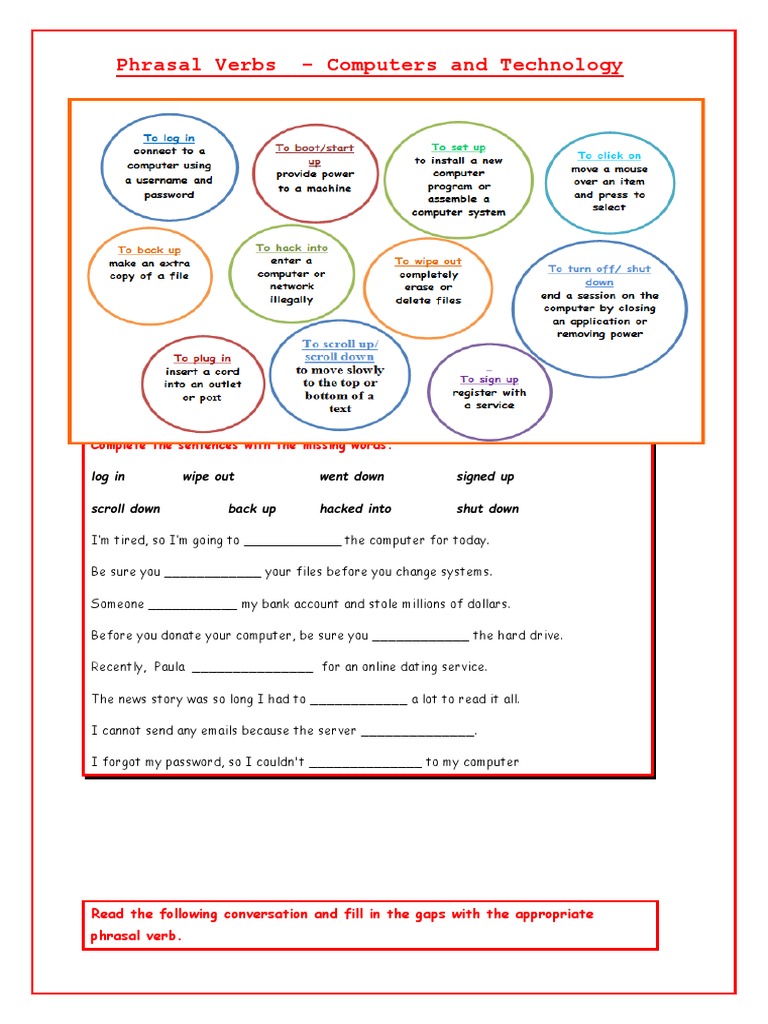 Phrasal Verbs Computers and Technology Worksheet Templates Layouts