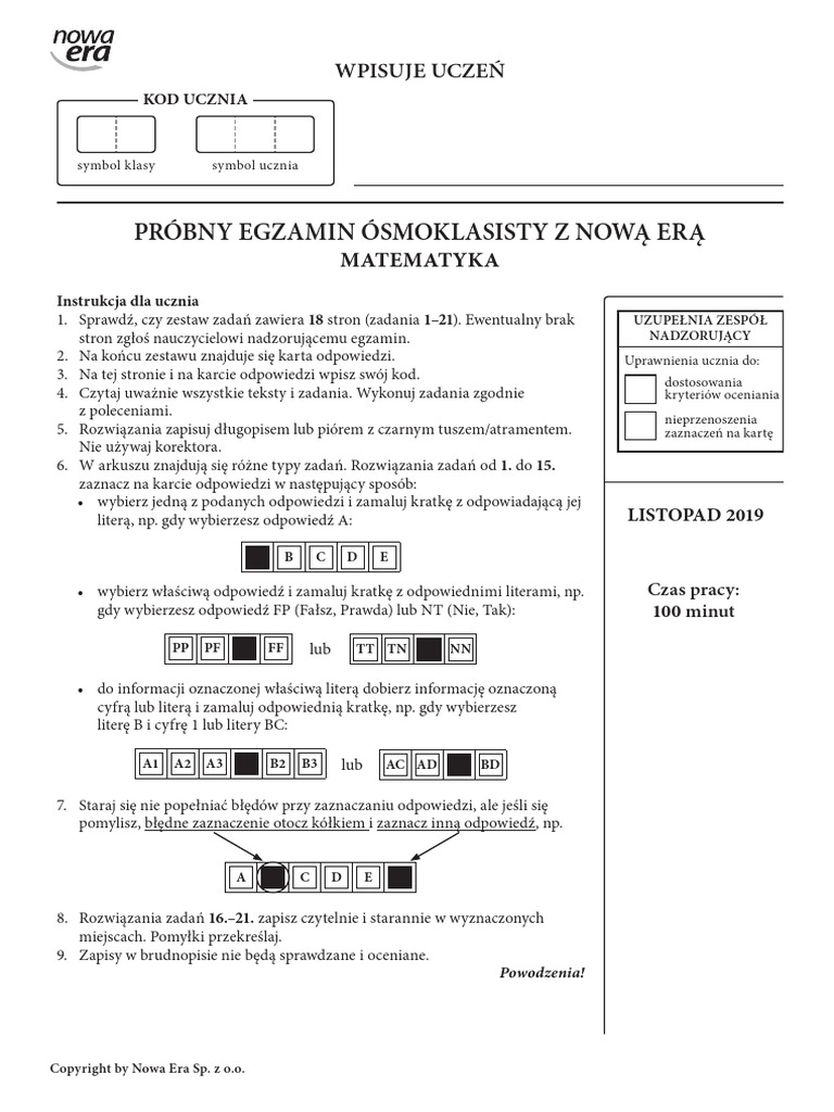 Próbny Egzamin ósmoklasisty Listopad 2018 Matematyka Odpowiedzi