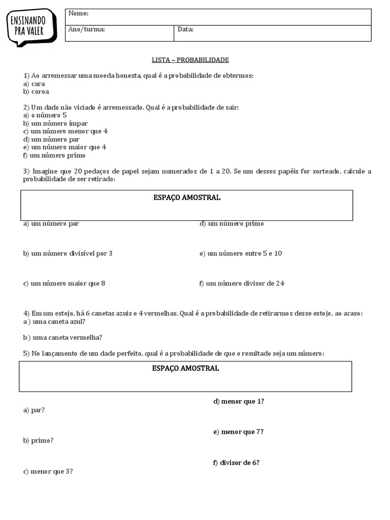 Exercícios de Probabilidade - 6º Ano | PDF | Probabilidade | Ensino de ...