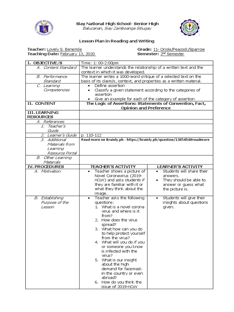 Lesson Plan: Reading & Writing Skills | PDF | Teachers | Lesson Plan