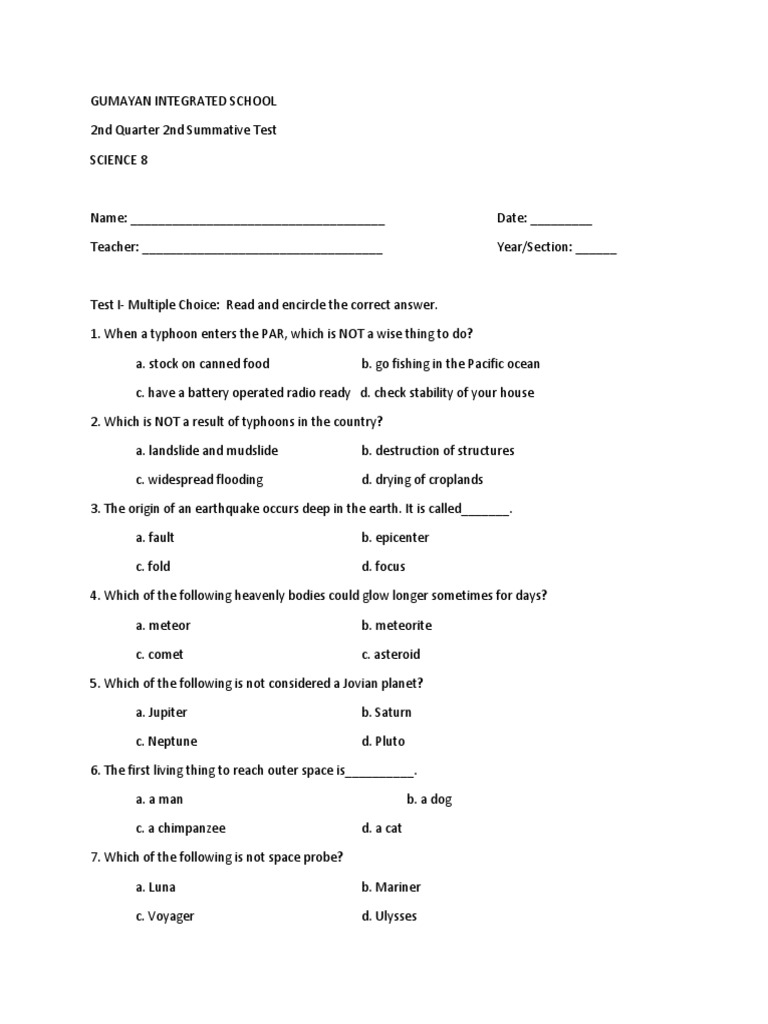 Grade 8 Science Summative Test | PDF | Tsunami | Meteoroid