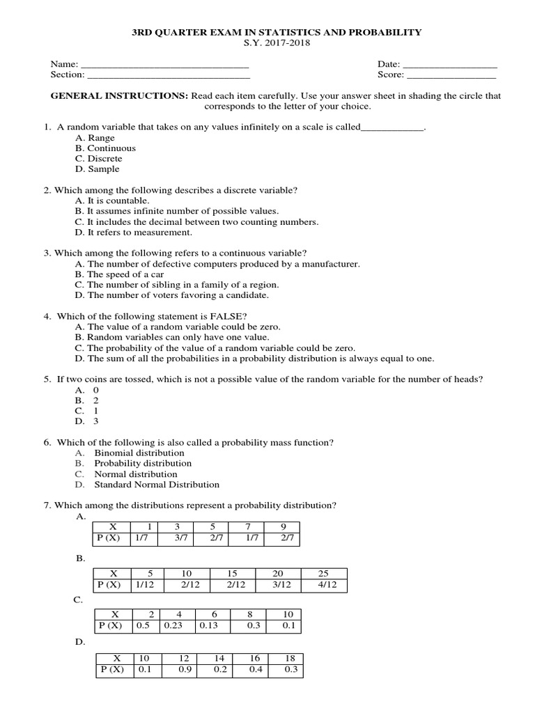 Grade 11 Statistics Exam: 3rd Quarter | PDF | Probability Distribution ...