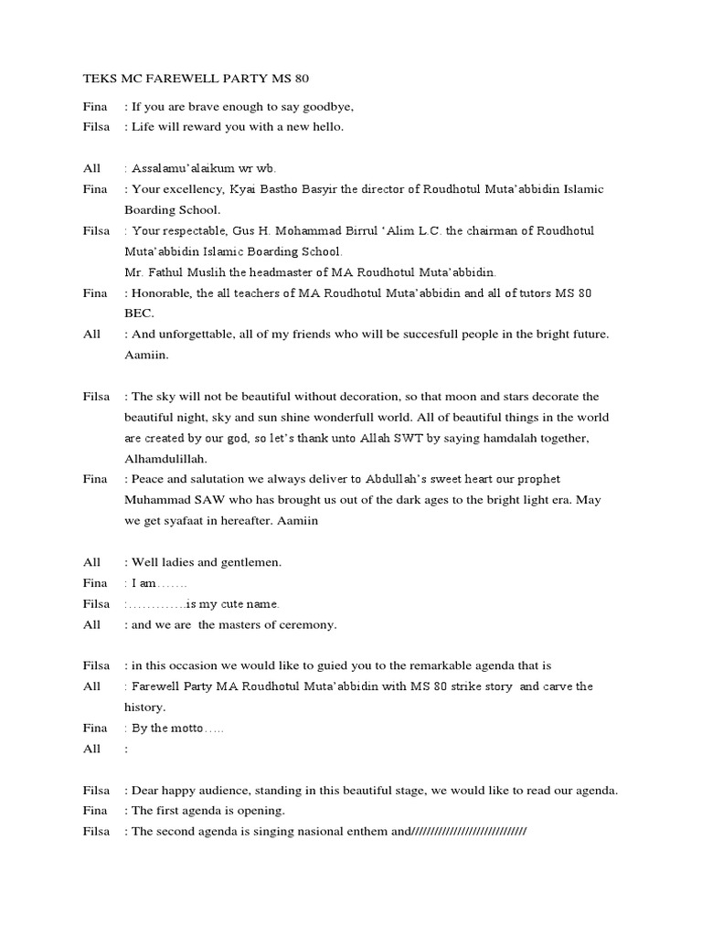 Teks Mc Farewell Party Pdf Abrahamic Religions Religious Behaviour And Experience