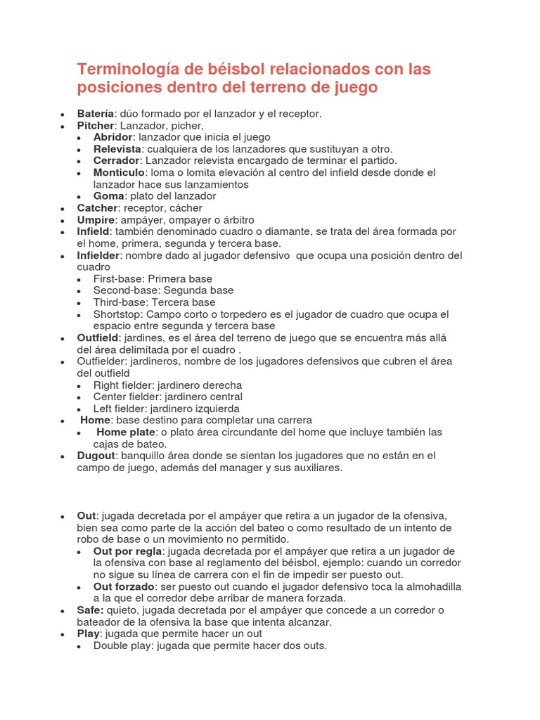 Terminología de Béisbol Relacionados Con Las Posiciones Dentro Del