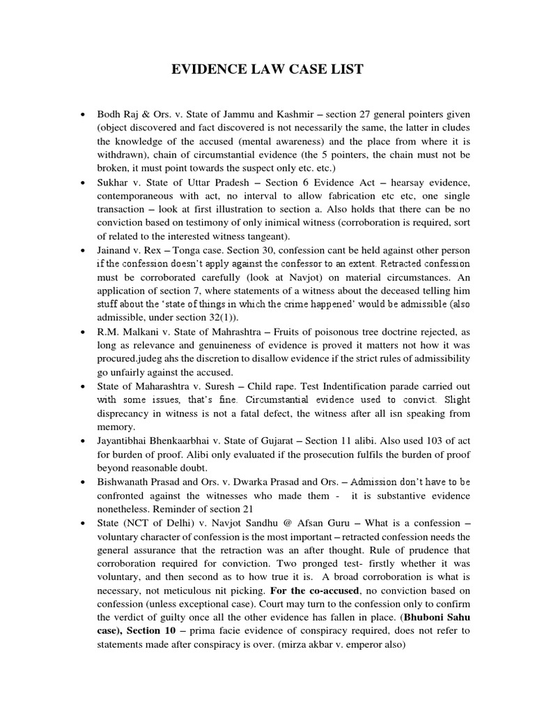 Key Cases in Evidence Law Analysis | PDF | Confession (Law) | Burden Of ...