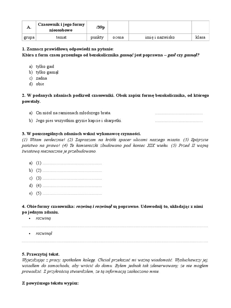 Czasownik Sprawdzian Klasa 5 Nowa Era Sprawdzian Nieosobowe Formy Czasownika Grupa A I B | PDF