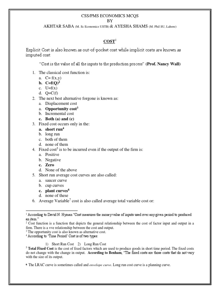 Economics MCQS by Akhtar Saba & Ayesa Shams PDF Average Cost