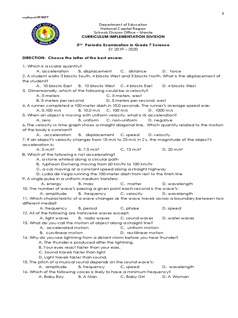 Grade 7 Science 3rd Quarter Exam | PDF | Waves | Light