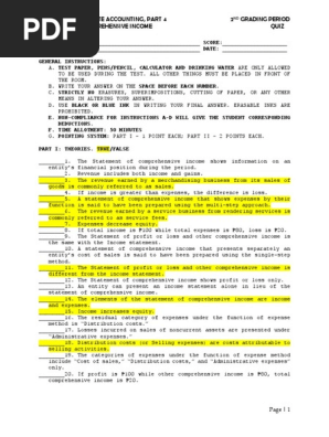 Acc 109 p2 Quiz Statement of Comprehensive Income