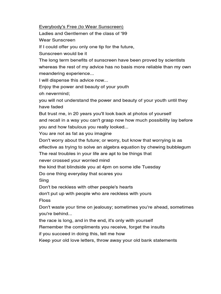 Everybody #39 s Free (To Wear Sunscreen) Lyrics PDF