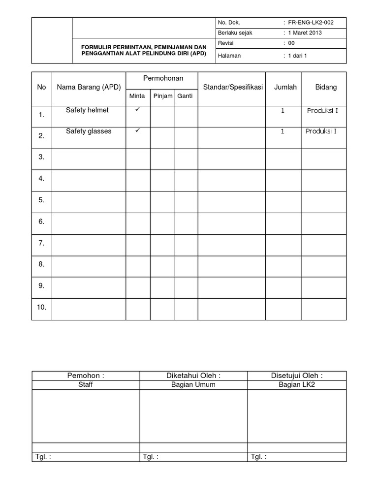 Formulir Permintaan APD Produksi | PDF | Teknologi & Rekayasa