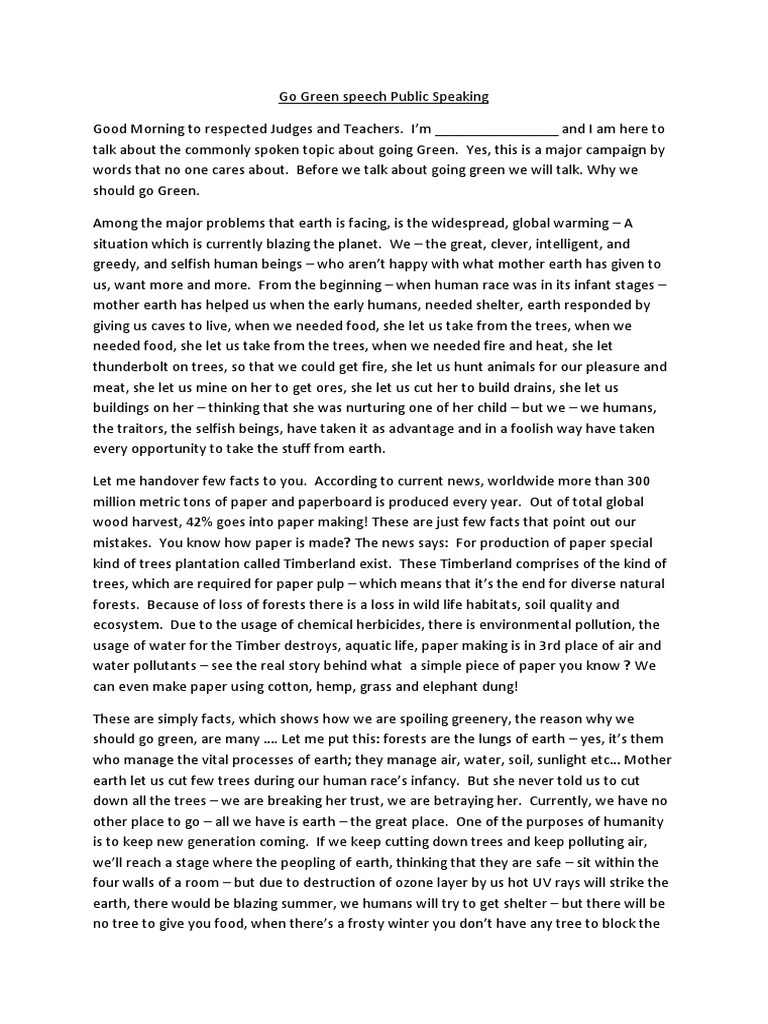 Go Green Speech Public Speaking Trees Paper