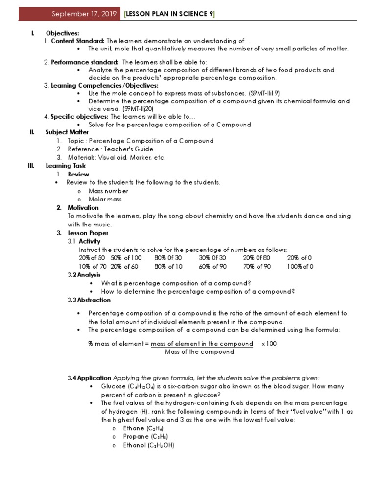 Grade 9 Lesson Plan: Percent Composition | PDF | Mole (Unit) | Chemical ...