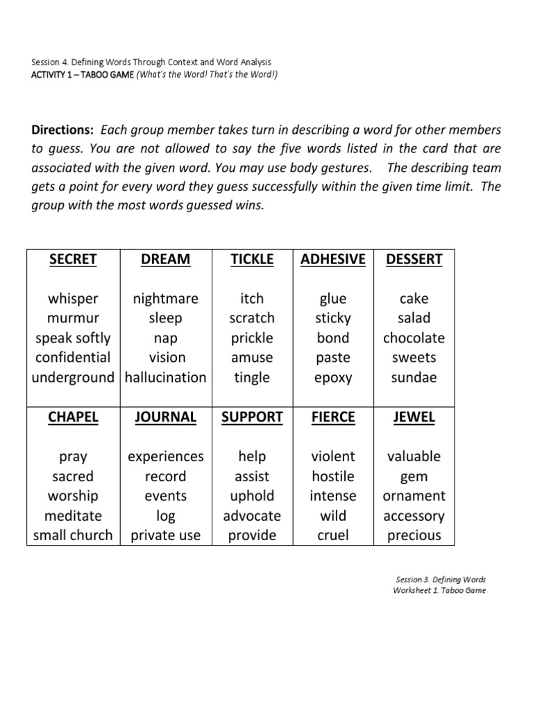 Activity Sheets Session 4 Defining Words Through Context and Word ...
