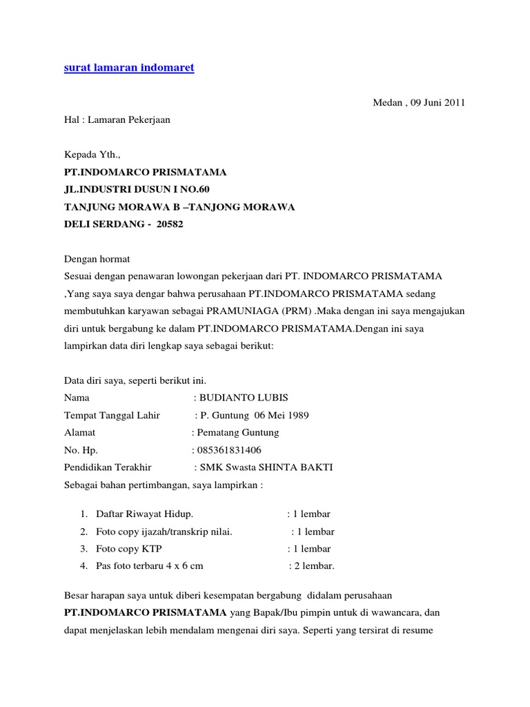 Download 69+ Contoh Surat Lamaran Kerja Indomaret Medan Terbaru Gratis